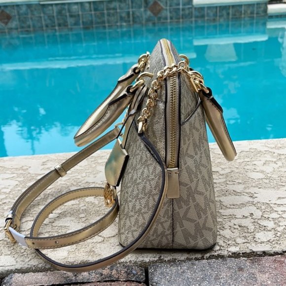 Michael Kors Jet Set Travel Medium Dome Crossbody Satchel Bag Pale Gold - Picture 4 of 16